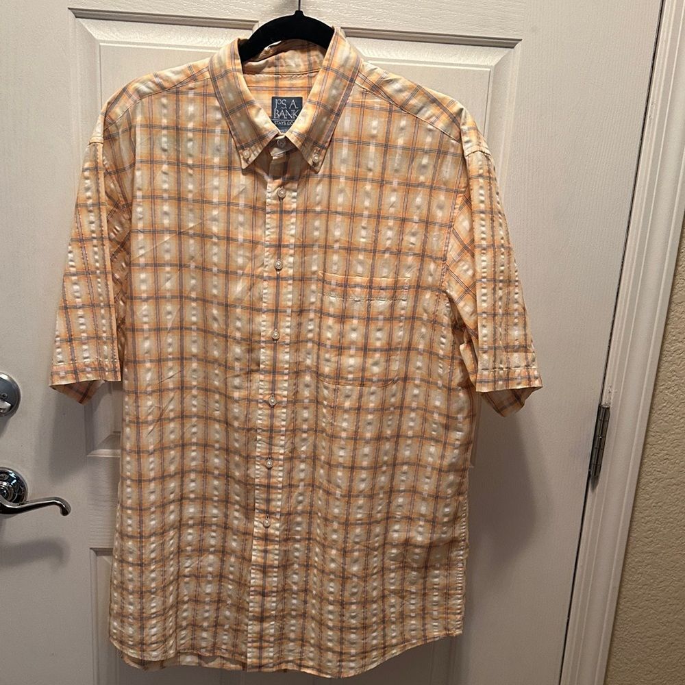 Jos. A. Bank Stays Cool Yellow and Cream Plaid Textured Button Down Shirt Large